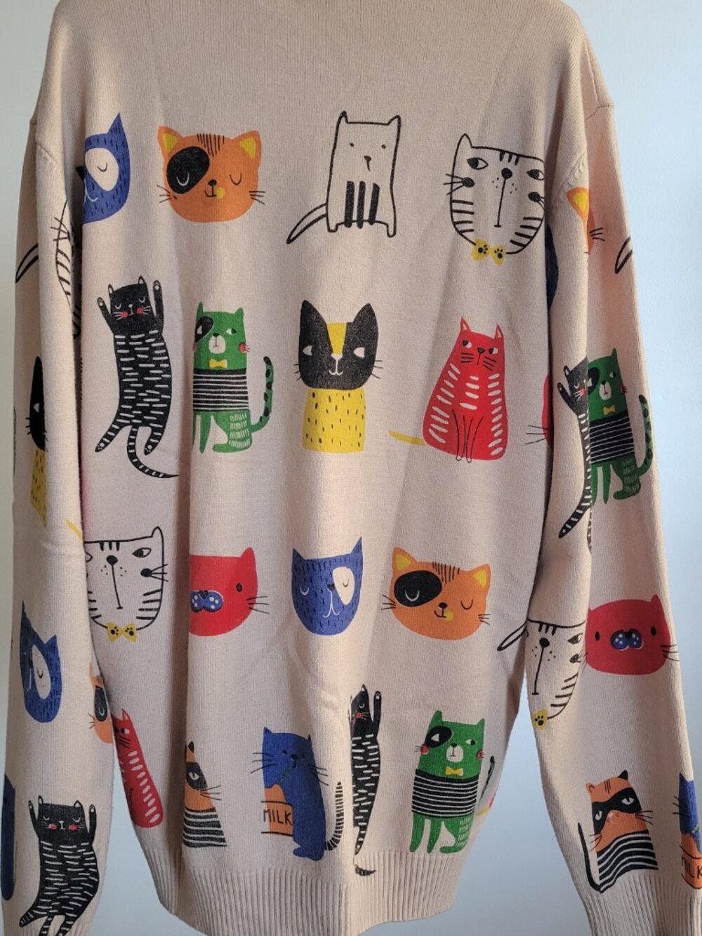 Shein Women's Large Cat Sweater Beige Multicolor Kitty Print Long Sleeve Pullove - Picture 4 of 15
